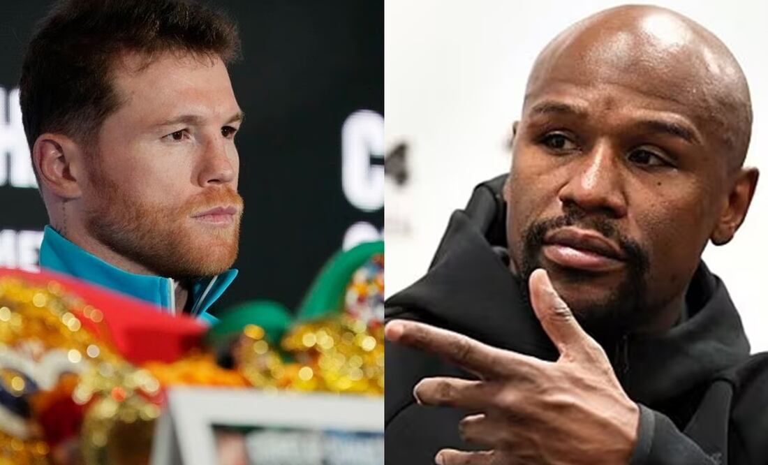 Saúl 'Canelo' Álvarez en conferencia de prensa y Floyd Mayweather en una función de box / FOTO: AP y AFP