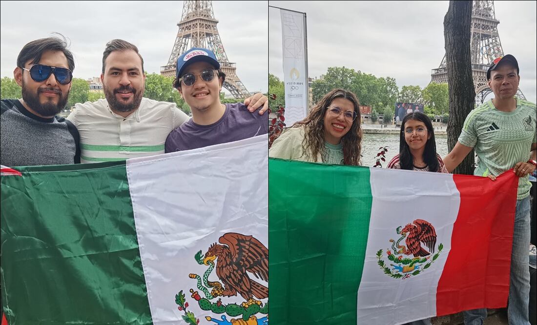 Aficionados mexicanos muestran la bandera mexicana previo a la inauguración de los Juegos de Paris 2024. FOTO: Leobardo Vázquez