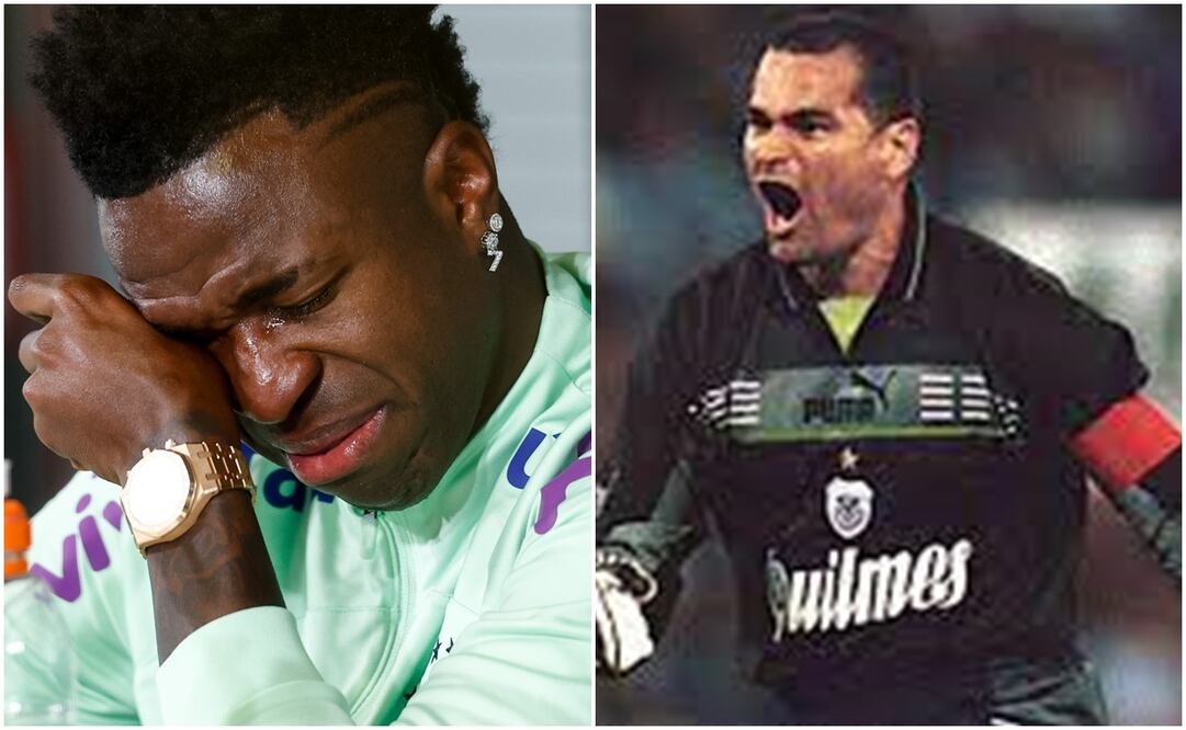 Vinicius Jr llorando en conferencia y José Luis Chilavert como portero / FOTOS: AP y Especial