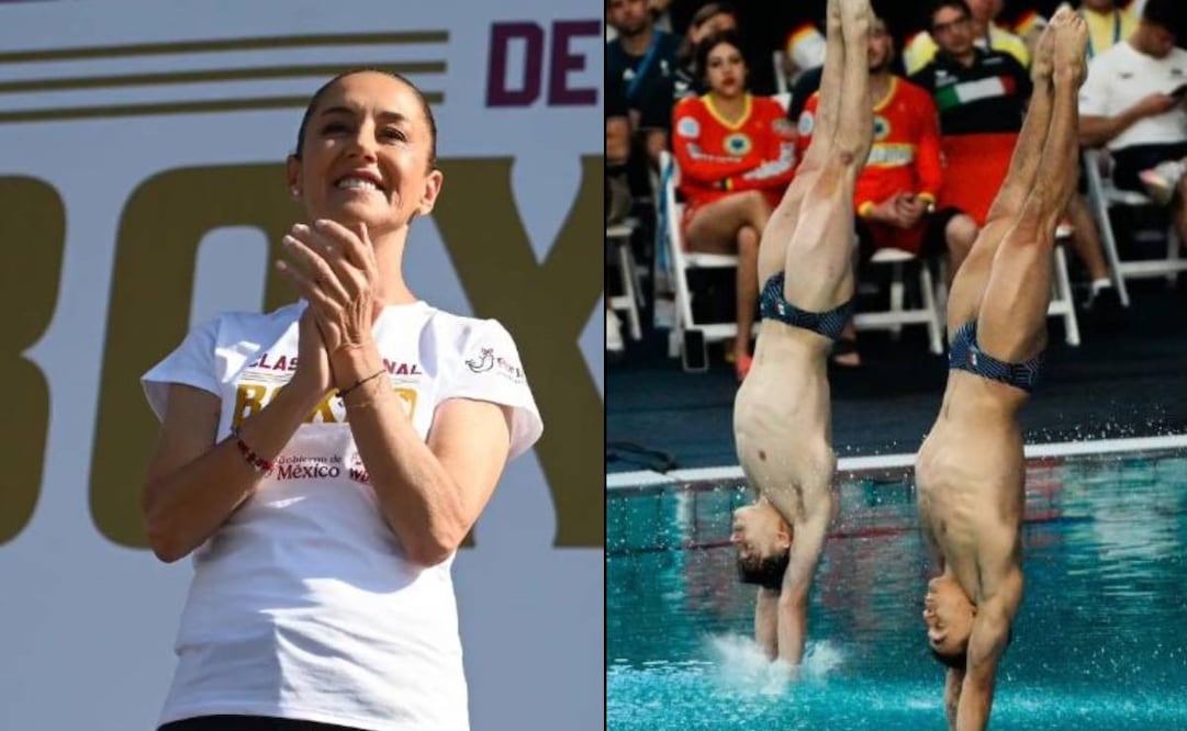 Claudia Sheinbaum felicitó a Osmar Olvera y Juan Manuel Celaya tras obtener la medalla de oro en la Copa Mundial de Clavados, en Guadalajara. FOTO: Especial