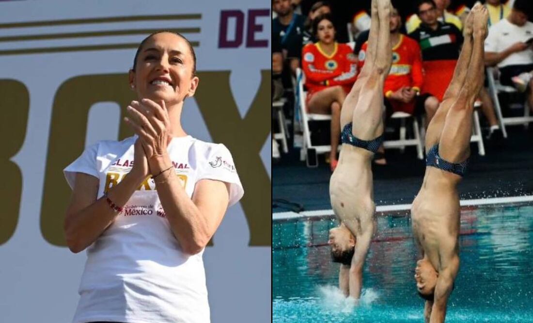 Claudia Sheinbaum felicitó a Osmar Olvera y Juan Manuel Celaya tras obtener la medalla de oro en la Copa Mundial de Clavados, en Guadalajara. FOTO: Especial