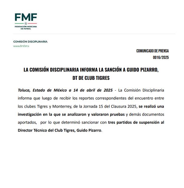 La FMF publicó su sanción a Guido Pizarro