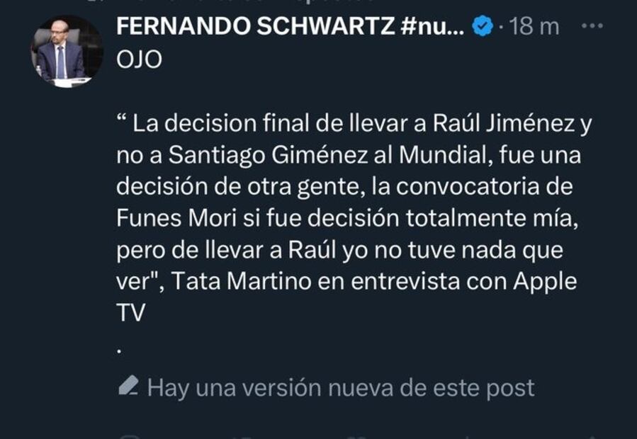 Esta es la publicación que borró Fernando Schwartz tras darse cuenta que la noticia era falsa. Foto: Especial