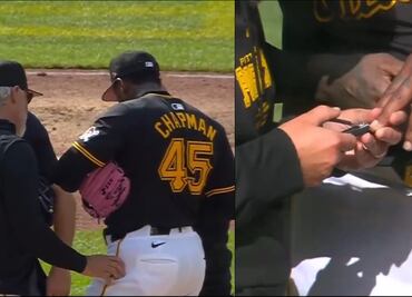 ¡Increíble! Se juntan en el montículo para hacerle el manicure a Aroldis Chapman en pleno juego