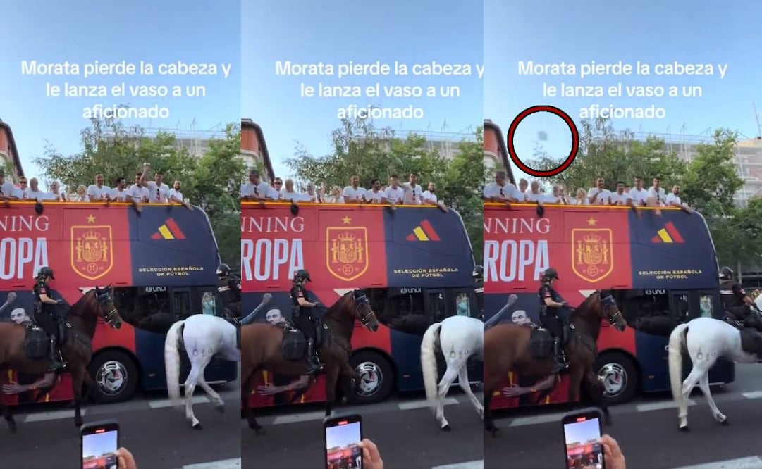 Álvaro Morata lanzó un vaso a un aficionado que lo criticó en el desfile de campeones de España. Foto: Especial