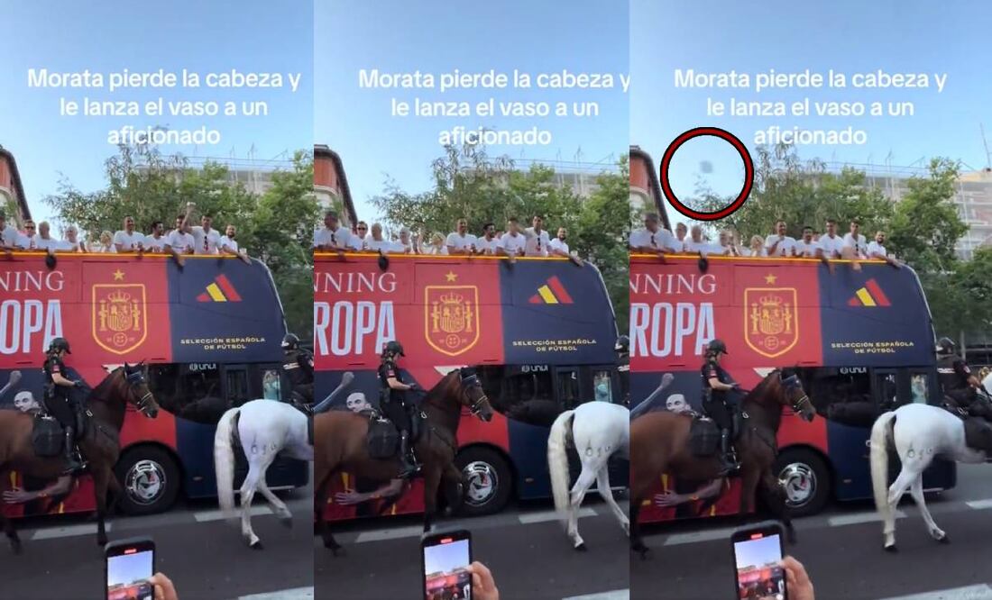 Álvaro Morata lanzó un vaso a un aficionado que lo criticó en el desfile de campeones de España. Foto: Especial