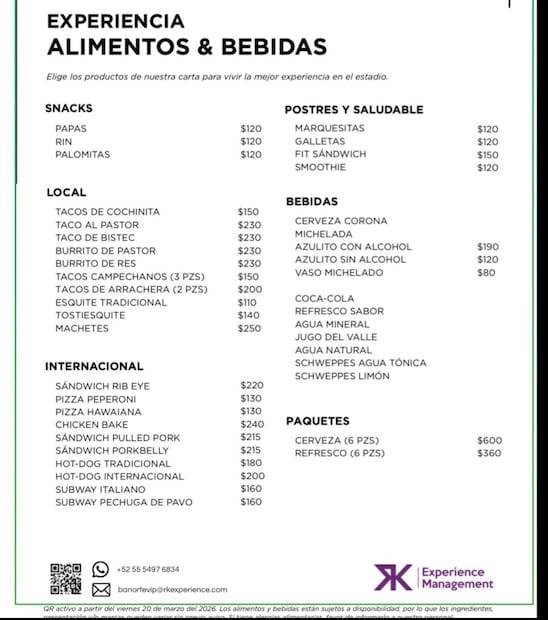 Precios de comida en el estadio Azteca Foto: Capturas