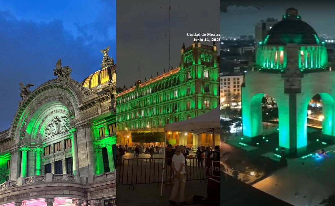 Varios monumentos en la Ciudad de México se iluminaron de verde conmemorando que falta un año para el Mundial de 2026. Foto: Especial