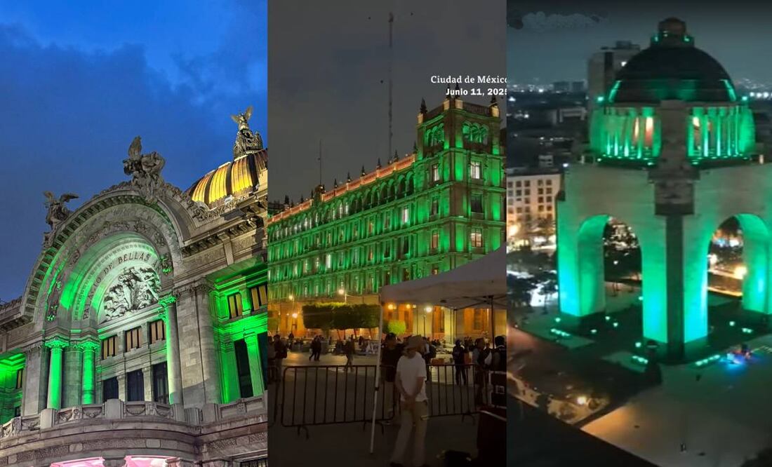 Varios monumentos en la Ciudad de México se iluminaron de verde conmemorando que falta un año para el Mundial de 2026. Foto: Especial