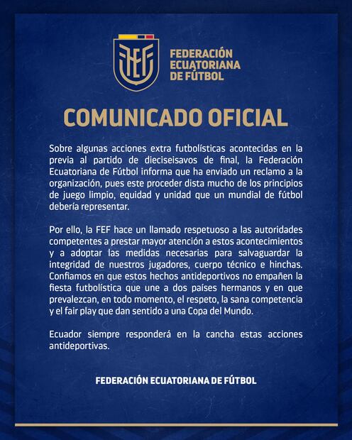Comunicado de Ecuador por lo sucedido en su hotel de concentración / Foto: Redes sociales
