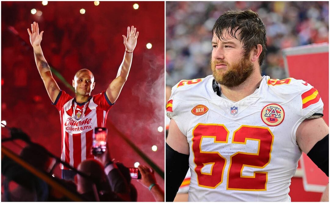 Javier 'Chicharito 'Hernández en su presentación y Joe Thuney de los Chiefs de Kansas City / FOTOS: Imago7 AP