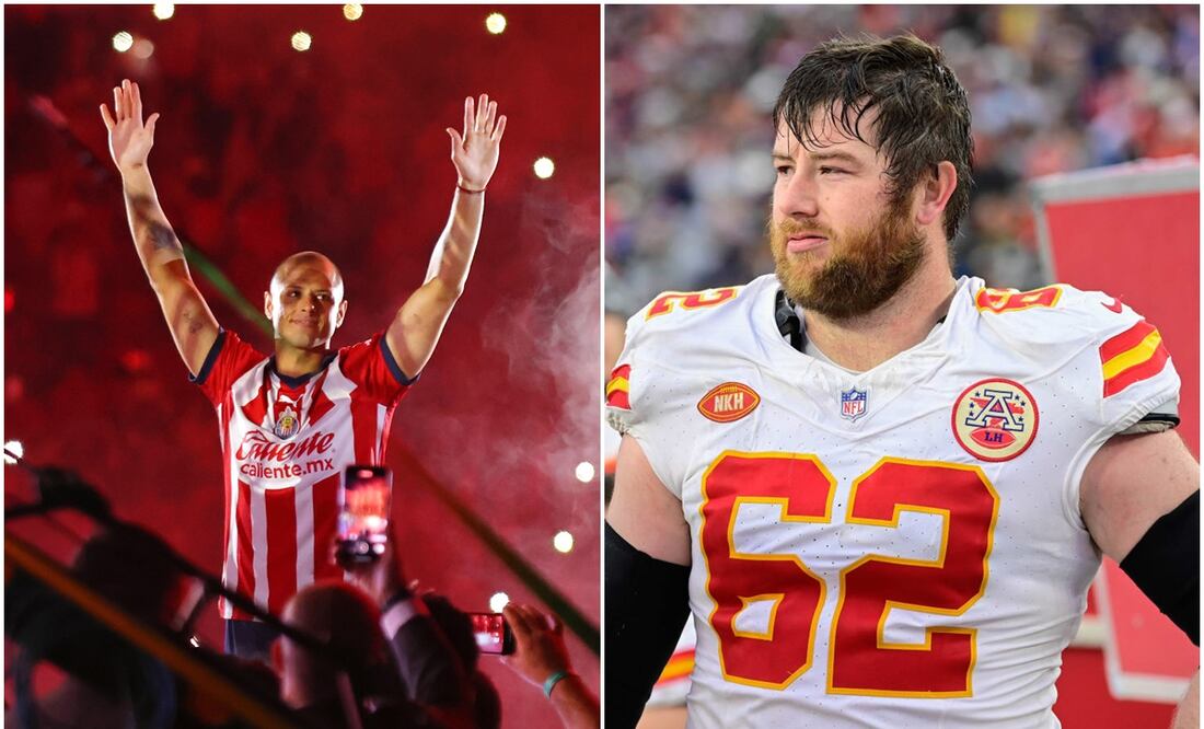 Javier 'Chicharito 'Hernández en su presentación y Joe Thuney de los Chiefs de Kansas City / FOTOS: Imago7 AP
