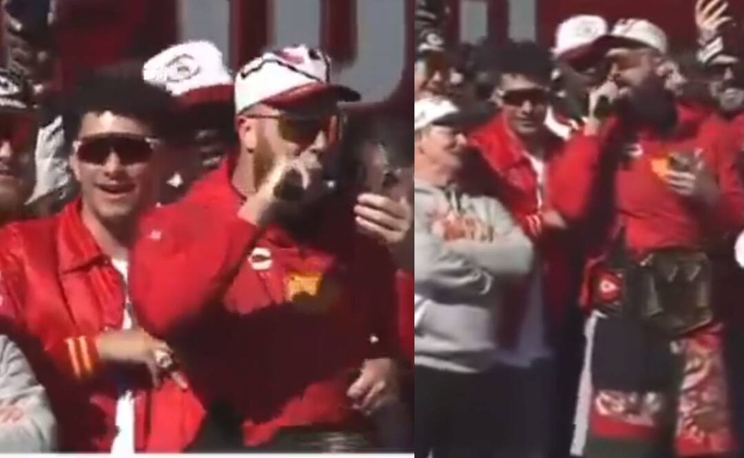 Patrick Mahomes tuvo que sostener a Travis Kelce para que no cayera del escenario. Foto: Especial