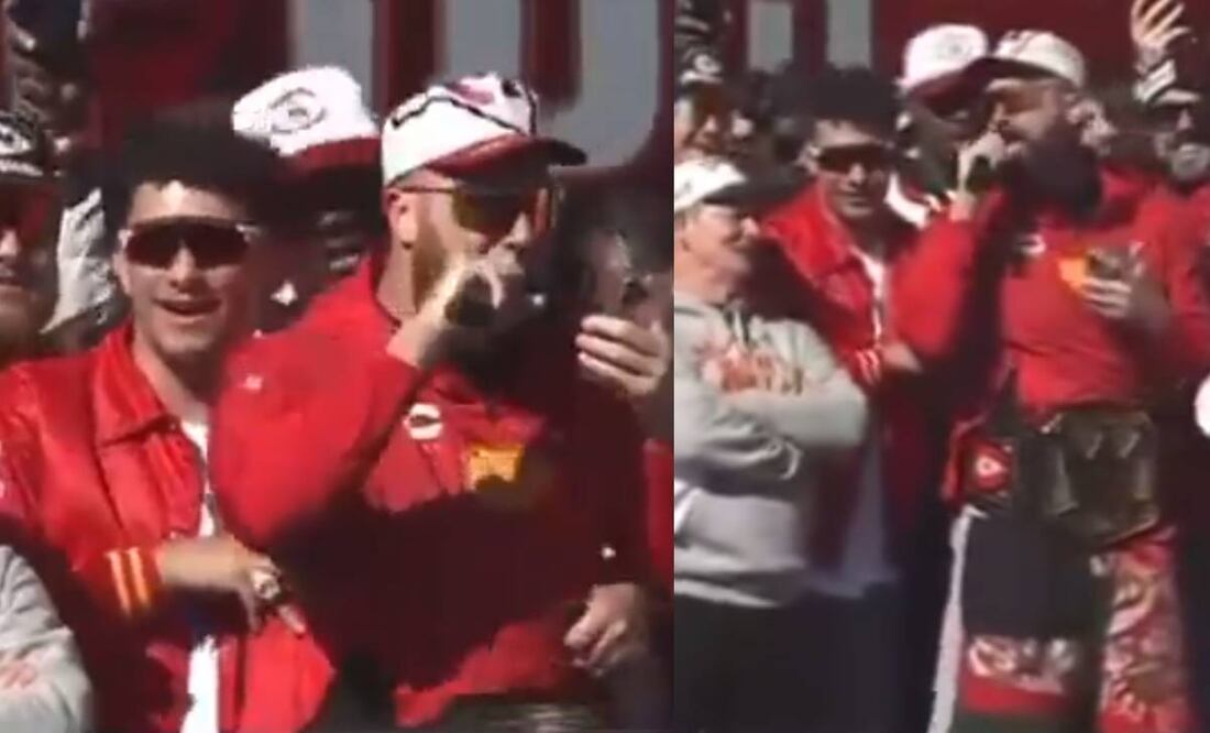 Patrick Mahomes tuvo que sostener a Travis Kelce para que no cayera del escenario. Foto: Especial