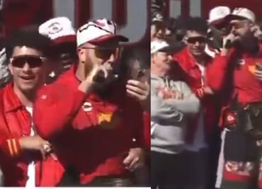 ¡Te va a regañar Taylor Swift! Travis Kelce estaba borracho en el festejo de los Chiefs y tuvo que ser sostenido por Mahomes