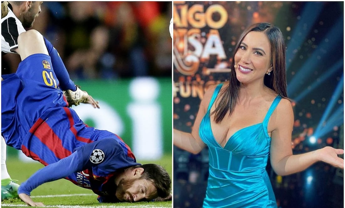 Messi cayendo ante Juventus y Mariazel en Televisa / FOTOS: EFE e Instagram @mariazelzel