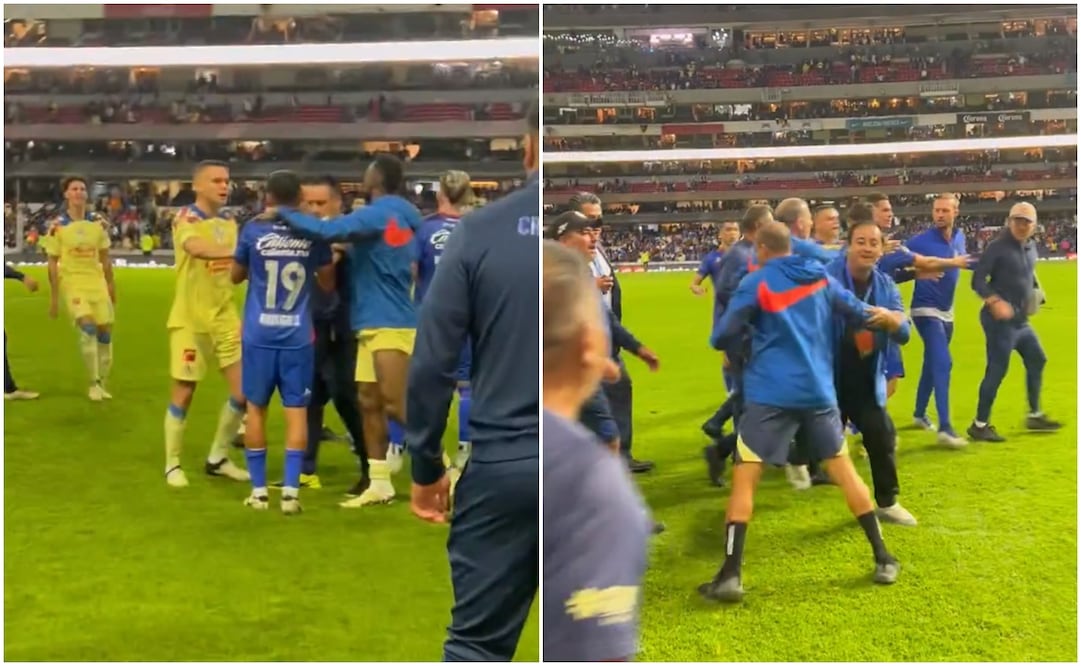 Bronca entre jugadores de Cruz Azul y América al acabar el partido en el Azteca / FOTO: Captura