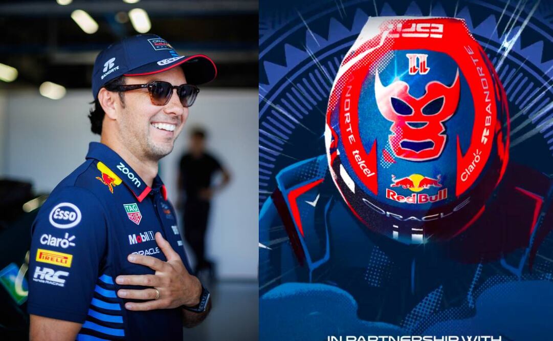 Checo Pérez presentó el casco inspirado en la lucha libre que usará en el GP de México 2024 de la Fórmula 1. Foto: Especial