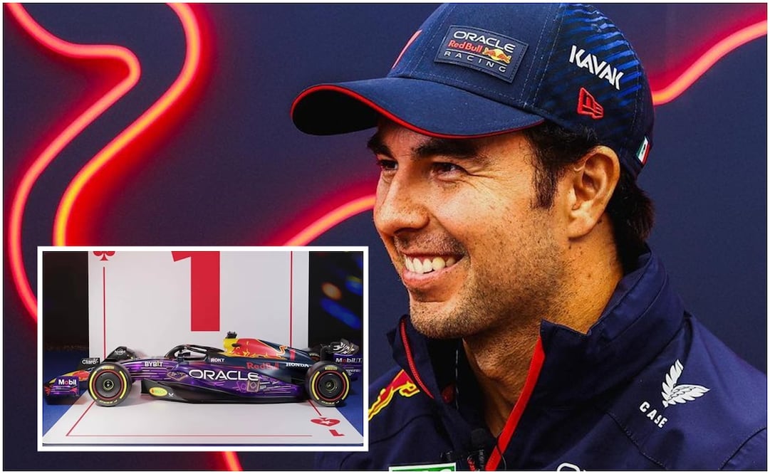 'Checo' Pérez sonriendo con Red Bull y RB19 con diseño de Las Vegas / FOTO: Instagram @schecoperez y Especial