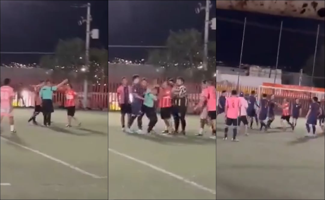 Varios jugadores agreden a un árbitro en un partido en Nuevo León. FOTO: Capturas