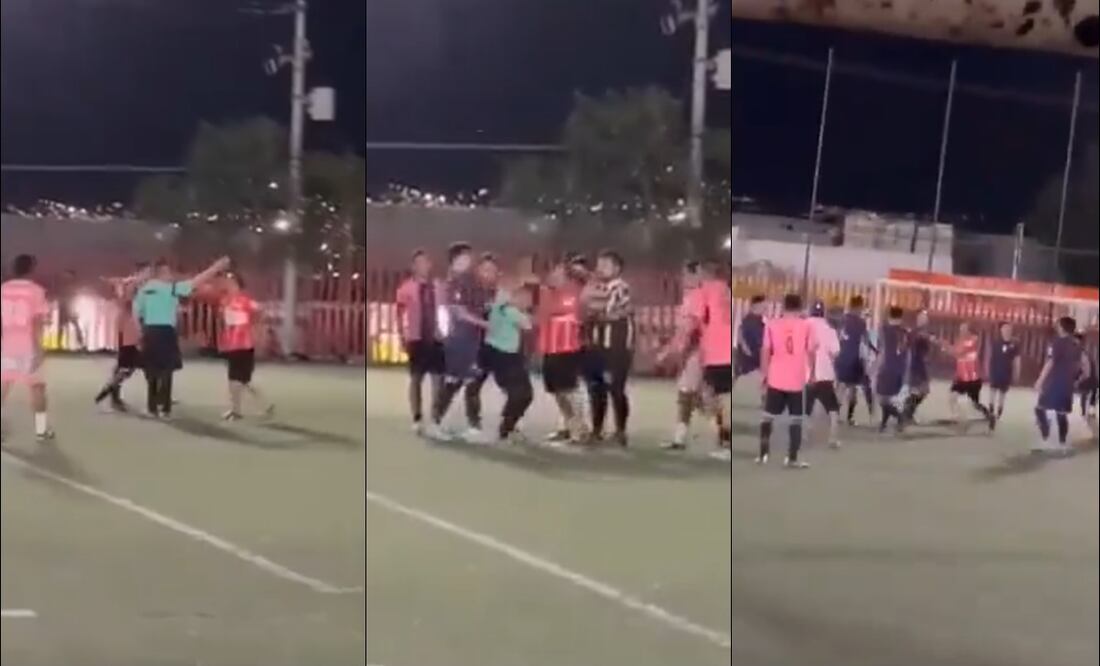 Varios jugadores agreden a un árbitro en un partido en Nuevo León. FOTO: Capturas