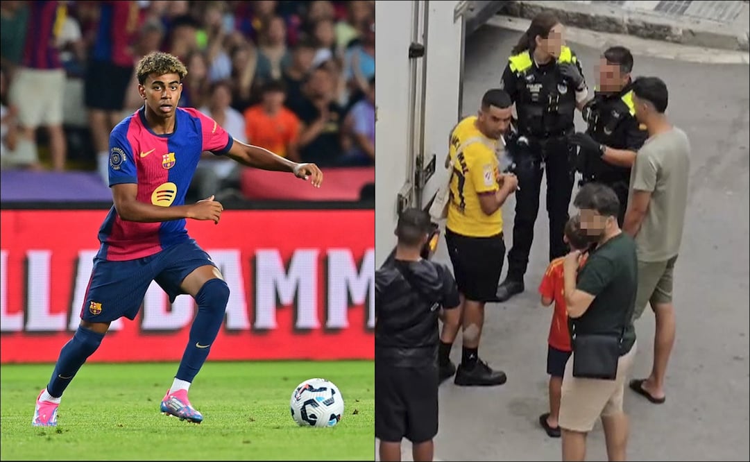 Lamine Yamal disputa un partido con el Barcelona, mientras su padre platica con agentes de la policía. FOTOS: AFP / EFE