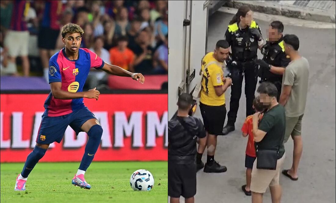 Lamine Yamal disputa un partido con el Barcelona, mientras su padre platica con agentes de la policía. FOTOS: AFP / EFE