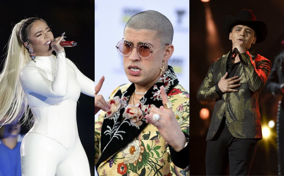 Fotos: Karol G de Andre Penner vía AP, Bad Bunny de Richard Shotwell vía AP y Christian Nodal de  Chris Pizzello vía AP