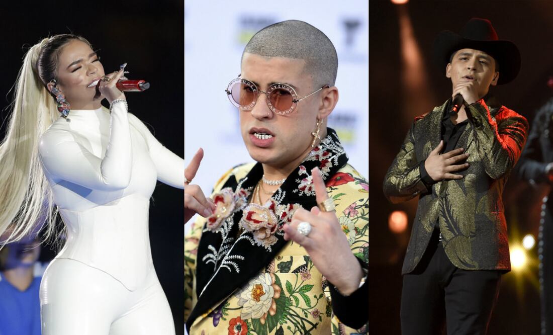 Fotos: Karol G de Andre Penner vía AP, Bad Bunny de Richard Shotwell vía AP y Christian Nodal de  Chris Pizzello vía AP