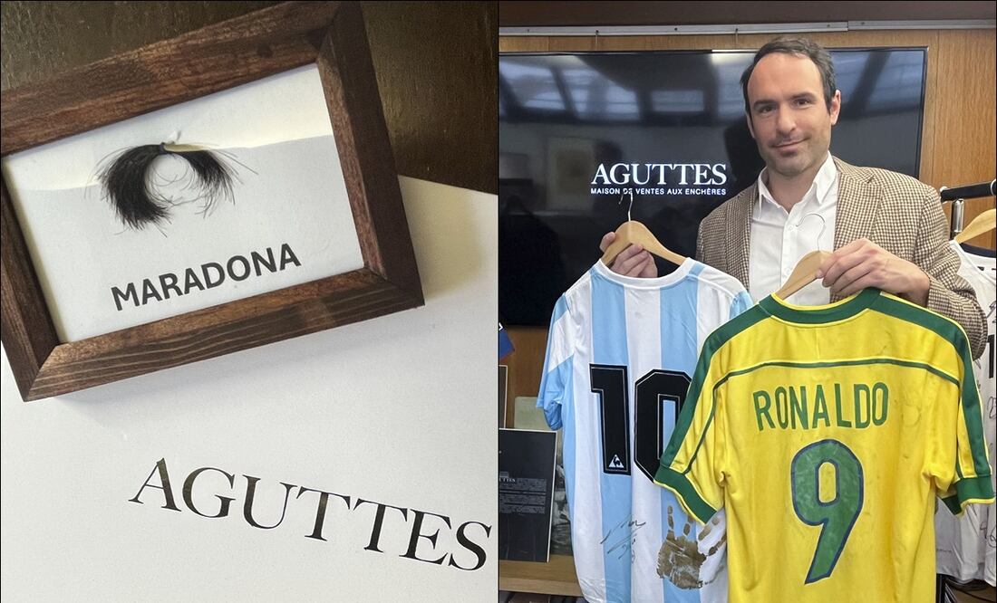 Este es el mechón de Maradona y la camiseta de Ronaldo que fueron puestos en subasta en París. FOTO: EFE