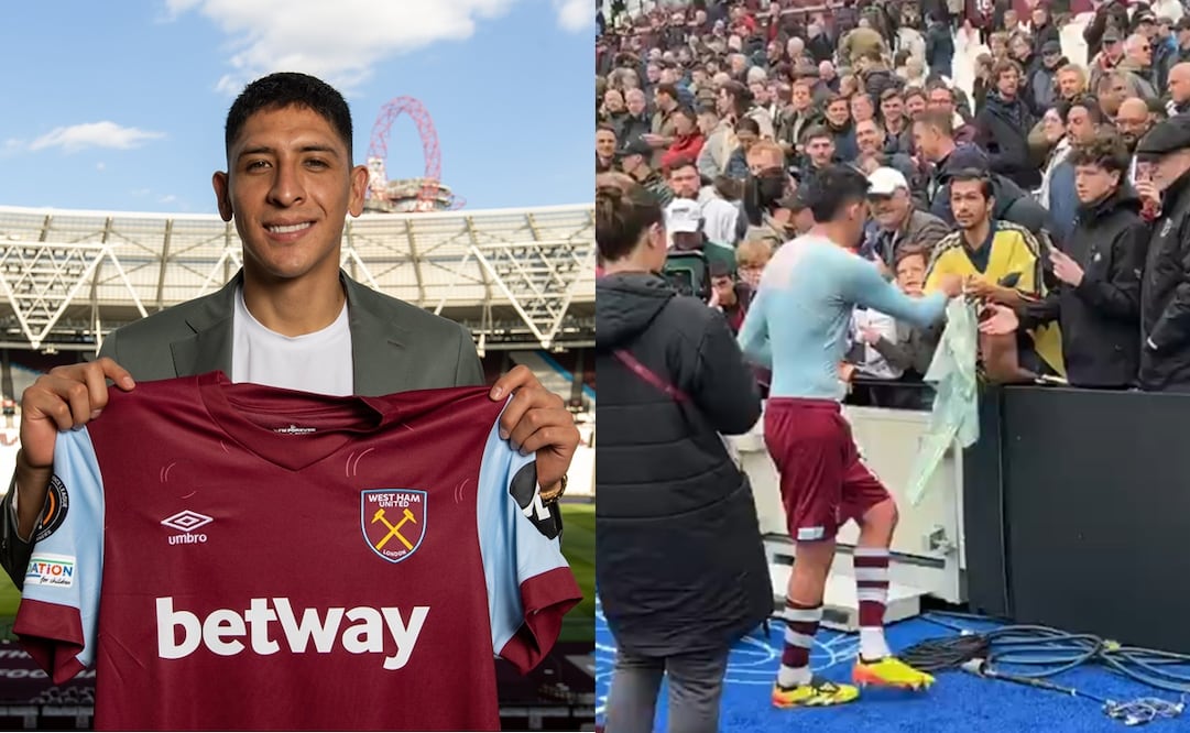 Edson Álvarez con el jersey del West Ham y con un fanático del América en Londres / FOTO: Twitter @WestHam y Captura