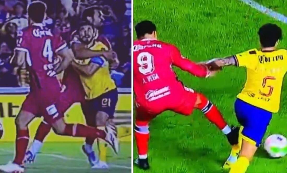 Luan García cometió un posible penalti a Henry Martín; Alexis Vega planchó a Kevin Álvarez y merecía la roja. Foto: Especial