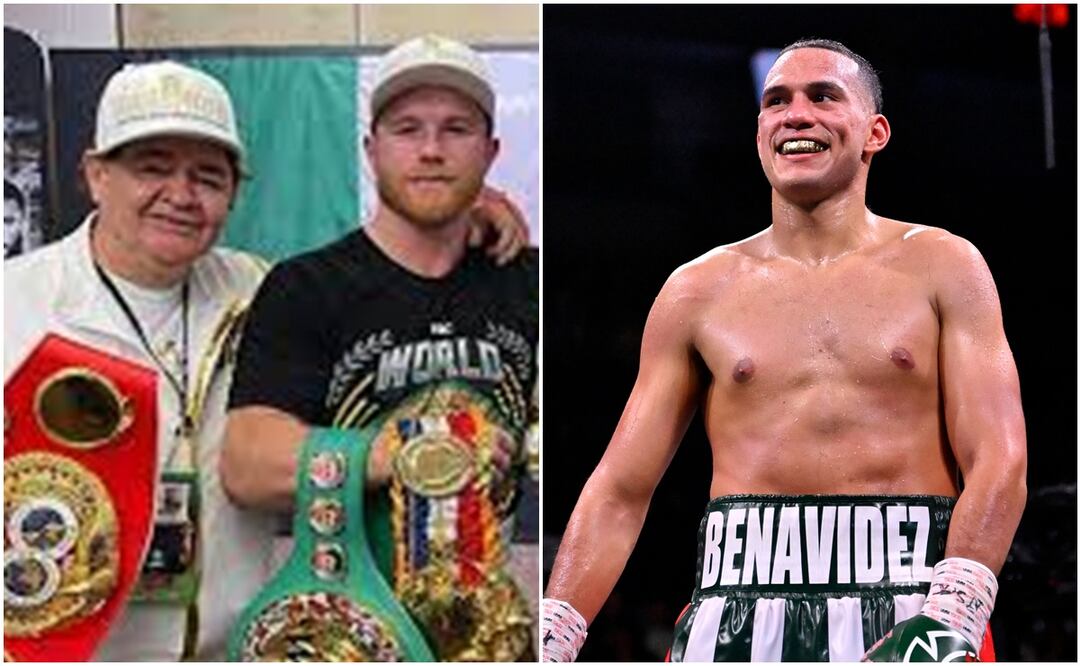 Chepo Reynoso con Canelo y David Benavidez en su pelea / FOTOS: Captura y AFP