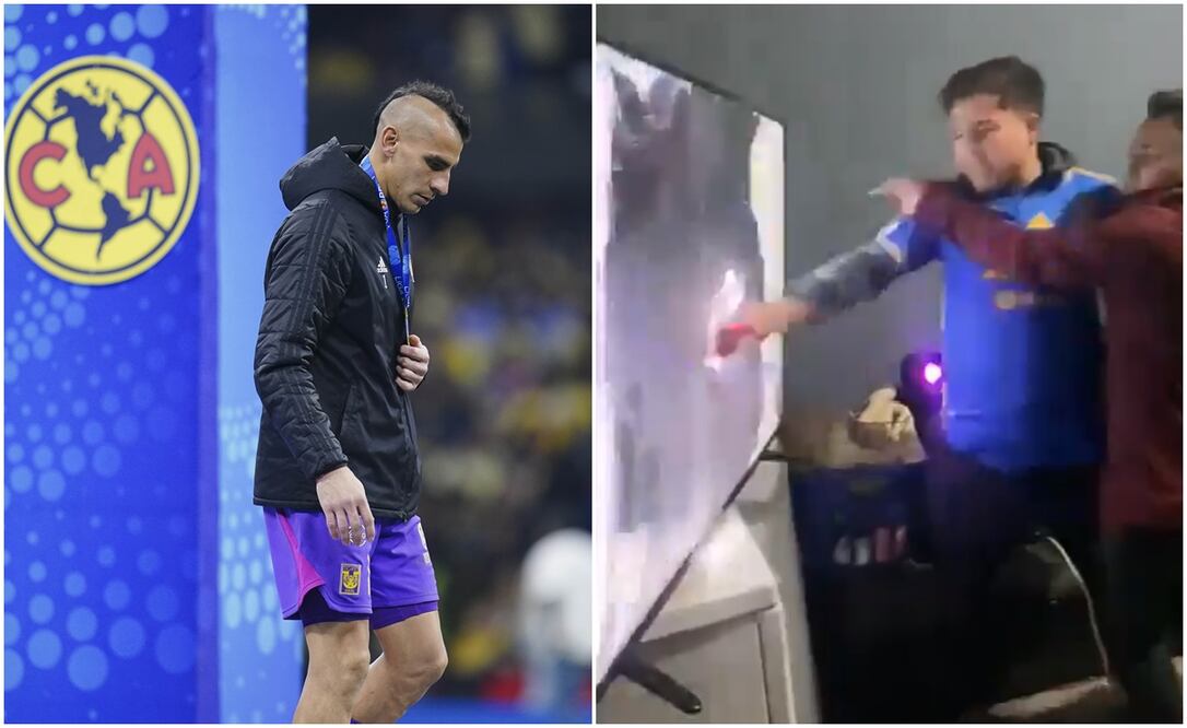 Nahuel Guzmán luego de perder la Final y aficionado rompiendo su pantalla / FOTOS: Imago7 y Captura