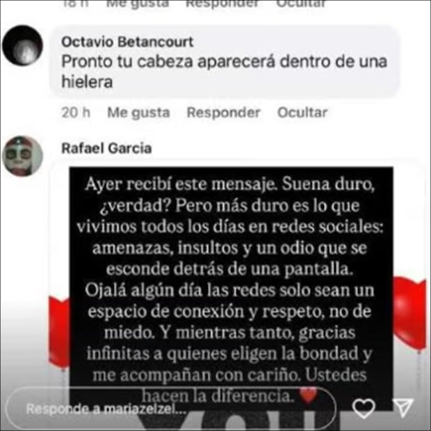 Mariazel compartió en sus historias de Instagram la captura del mensaje que recibió. FOTO: @mariazelzel