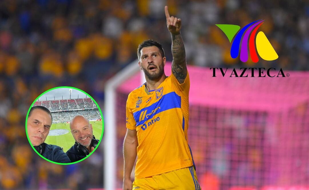 André-Pierre Gignac luego de marcar un gol con Tigres y logo de TV Azteca y Martinoli con Luis García / FOTO: Imago7