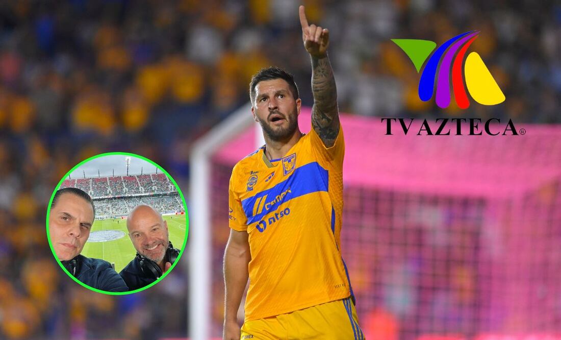 André-Pierre Gignac luego de marcar un gol con Tigres y logo de TV Azteca y Martinoli con Luis García / FOTO: Imago7