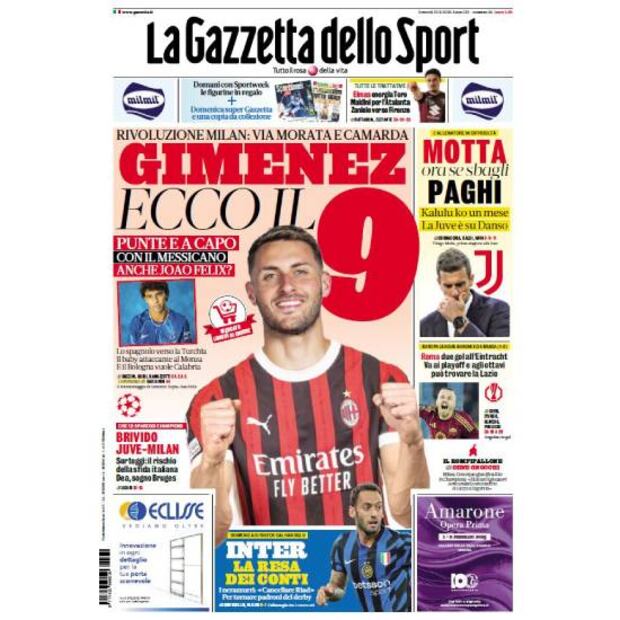 Santiago Giménez apareció en la portada de La Gazzetta dello Sport. Foto: Especial