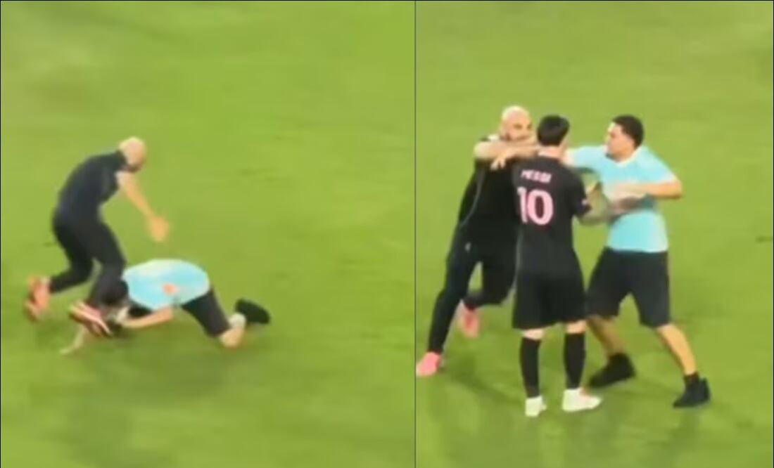 El guardaespaldas de Lionel Messi fue derribado por un aficionado. FOTO: Capturas
