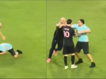 El guardaespaldas de Lionel Messi fue tacleado por un aficionado que invadió el terreno de juego