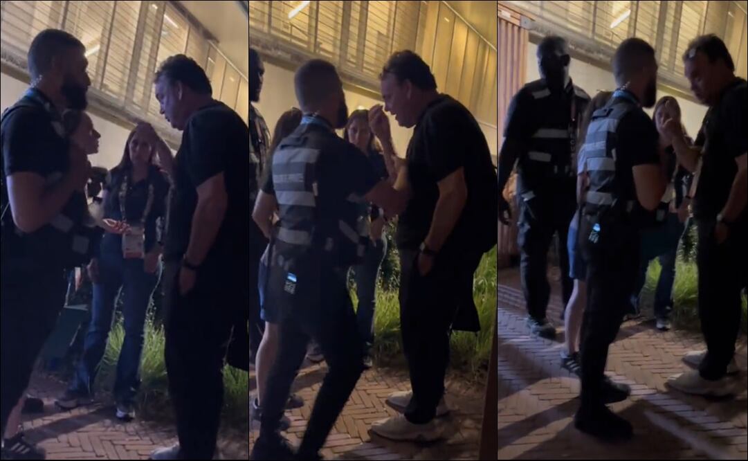 El comentarista David Faitelson discute con elementos de seguridad. FOTO: Capturas