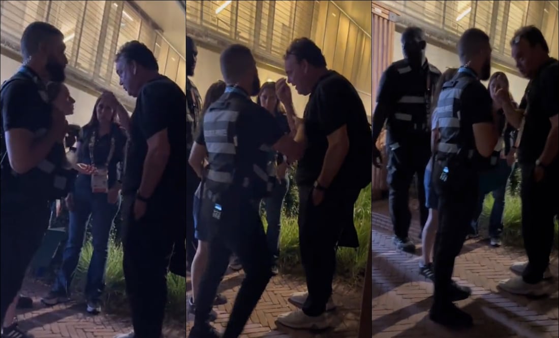 El comentarista David Faitelson discute con elementos de seguridad. FOTO: Capturas