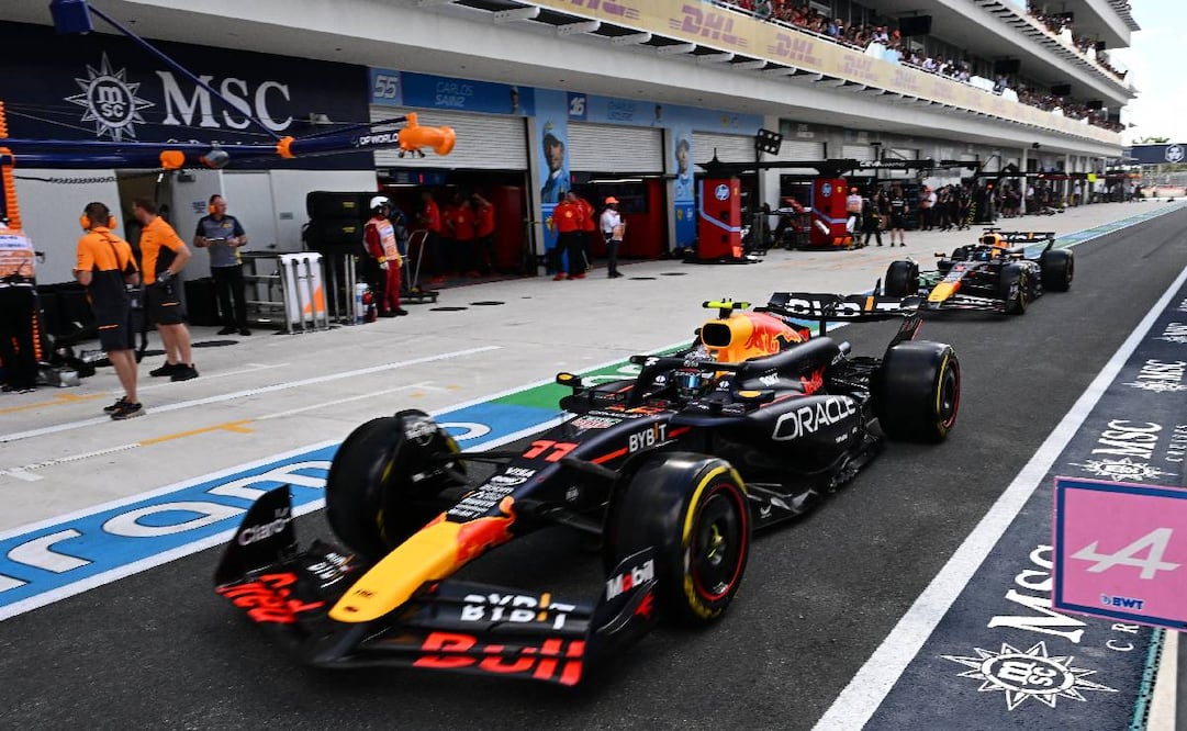 Checo Pérez se colocará detrás de Max Verstappen y Charles Leclerc en la parrilla de salida de la Carrera Sprint del GP Miami. Foto: Especial
