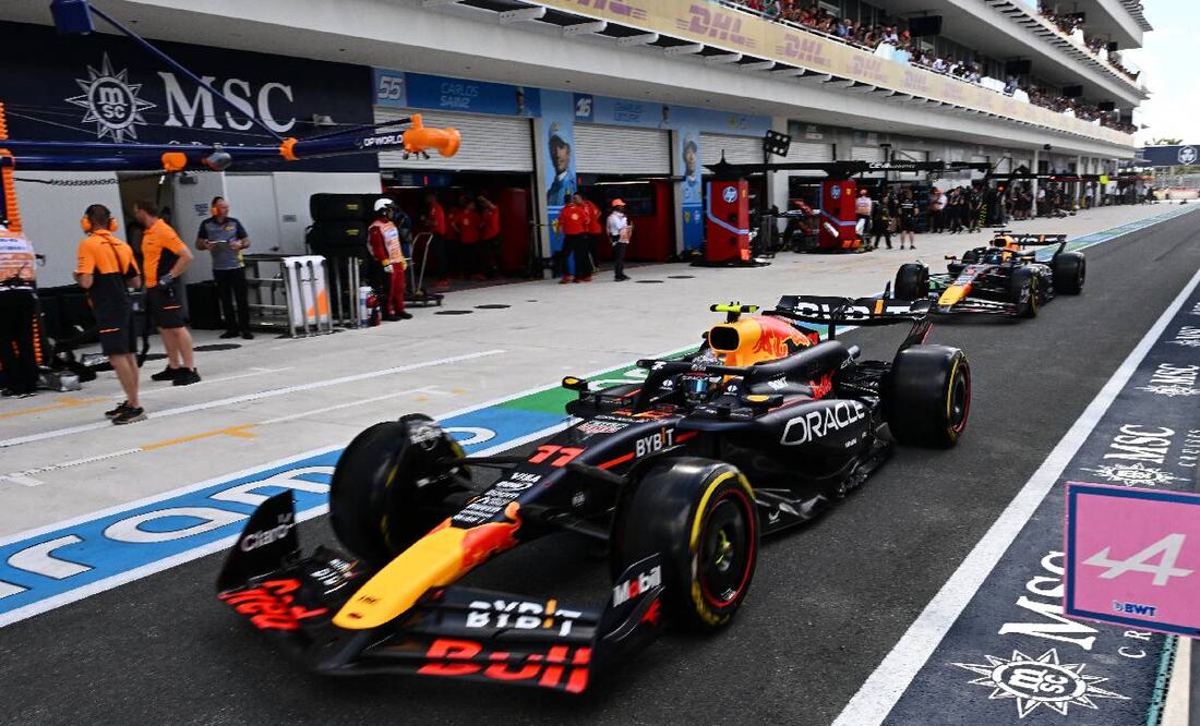 Checo Pérez se colocará detrás de Max Verstappen y  Charles Leclerc en la parrilla de salida de la Carrera Sprint del GP Miami. Foto: Especial