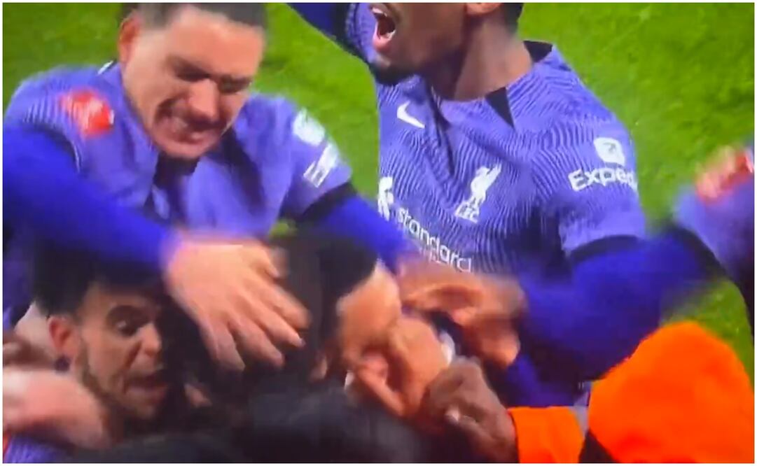Darwin Núñez golpeando al aficionado que se metió a celebrar con el Liverpool / FOTO: Captura