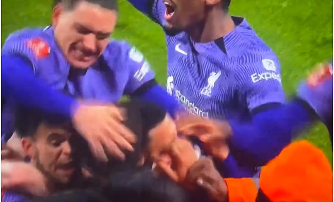 Darwin Núñez golpeando al aficionado que se metió a celebrar con el Liverpool / FOTO: Captura