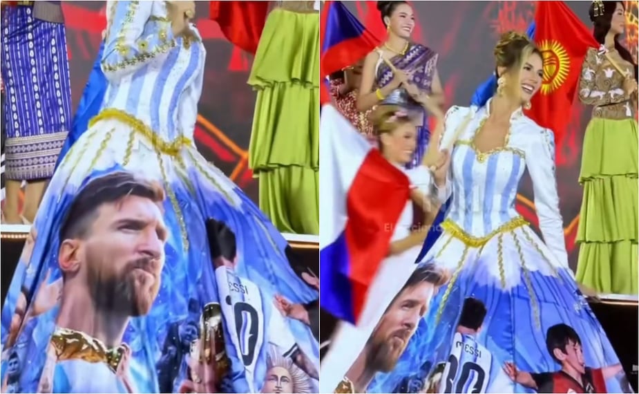 FOTO: Aspirante argentina a Miss Mundo 2026 roba miradas con vestido de Lionel Messi - ESPECIAL