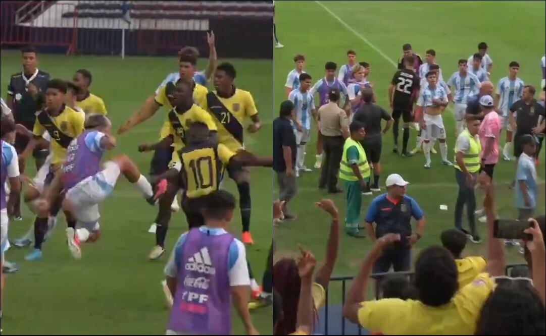 Jugadores Sub 15 de Argentina y Ecuador protagonizaron una batalla campal en duelo amistoso. FOTO: Capturas