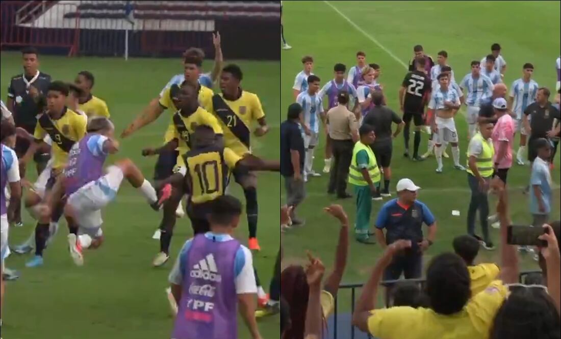 Jugadores Sub 15 de Argentina y Ecuador protagonizaron una batalla campal en duelo amistoso. FOTO: Capturas