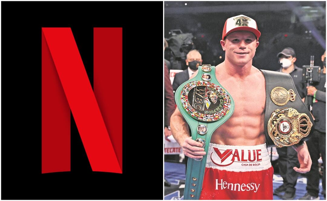 Canelo Álvarez con cinturón de peso supermediano y logo de Netflix / FOTO: Captura y El Gráfico